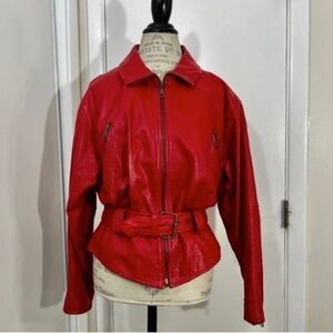 Vintage Women Avanti 1980s Bright Red Leather Bomber Jacket Size M-Made in India